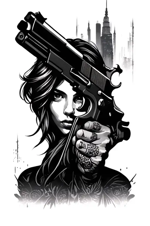 face of a girl with a pistol colt 1911, against the background of the city tattoo design idea