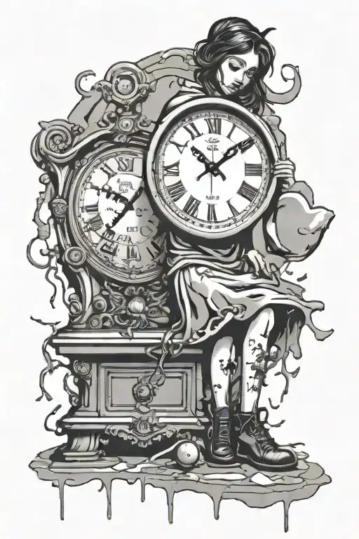 Banksy girl surrounded by melting clock tattoo design idea