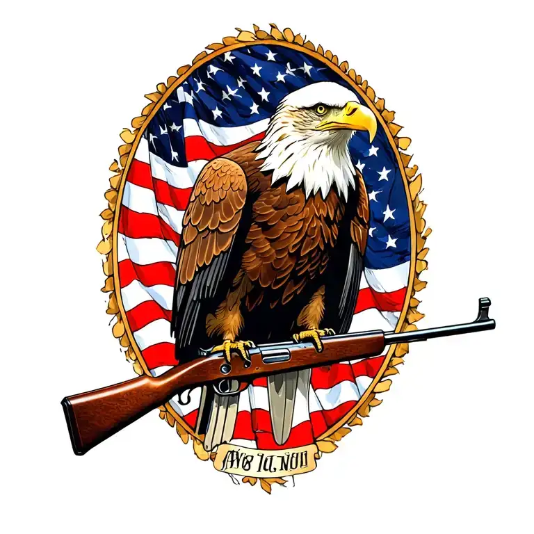 A patriotic bald eagle perched on a rifle with an American flag in the background tattoo design idea