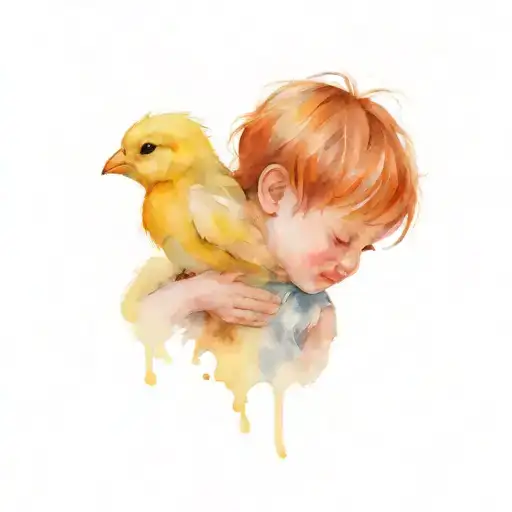 Little boy in leo suit play with chick tattoo design idea