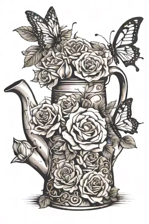 Roses, butterflies, lillies, with watering can. Add names Leilanni, Aryanna, and Miracle. Saying Family is my strength tattoo design idea
