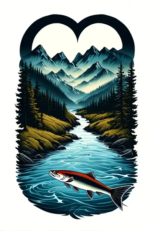 river flowing in wilderness, fish swiming downstream, mountains around tattoo design idea