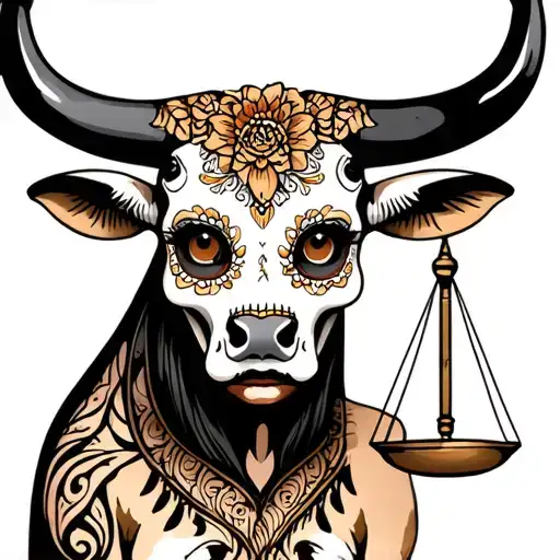 feminine bull with sugar skull markings, brown eyes and two Libra scales and dark background tattoo design idea