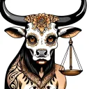 feminine bull with sugar skull markings, brown eyes and two Libra scales and dark background tattoo design idea