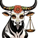 feminine bull with sugar skull markings, brown eyes and two Libra scales and dark background tattoo design idea