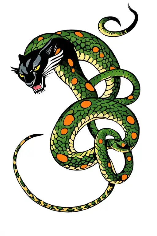 Black Panther climbing Snake wrapped Green with Orange Spots tattoo design idea