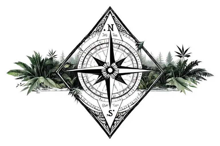 large compass surrounded by intricate geometric rainforest, black and white, triangle frame tattoo design idea