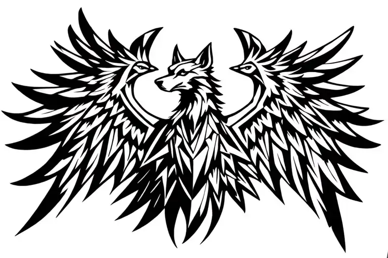 wolf headed phoenix rising open wings tattoo design idea