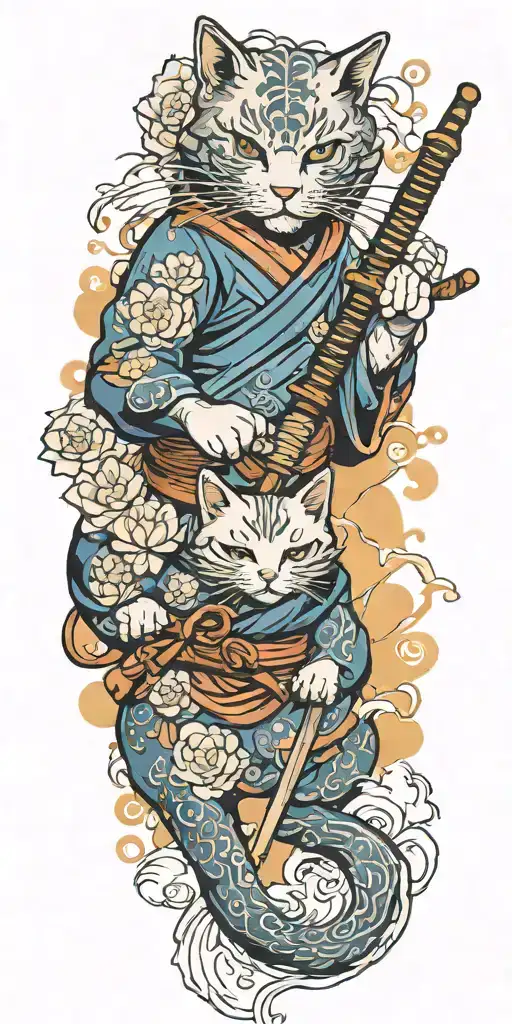 ninja cat holding katana, tail, water, waves, lotus, sakura, clouds, whirlpool, leaves, peony, sunset tattoo design idea