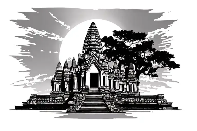 Front view of Angkor Wat, include a shining sun in the background tattoo design idea