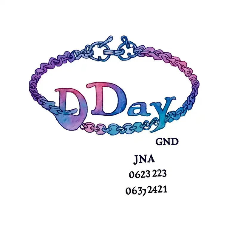 "DDay JMd GNA 0623 0527 2421" wrist tattoo that wraps around wrist like charm bracelet. theme of time or day by day. growth. family loyalty. eternity tattoo design idea
