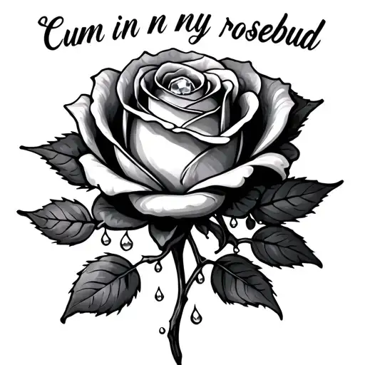 "Cum in my rosebud" "Cum in my rosebud" top down rose with gemstone in center with cream seaping from around the stone covered in droplets  tattoo design idea