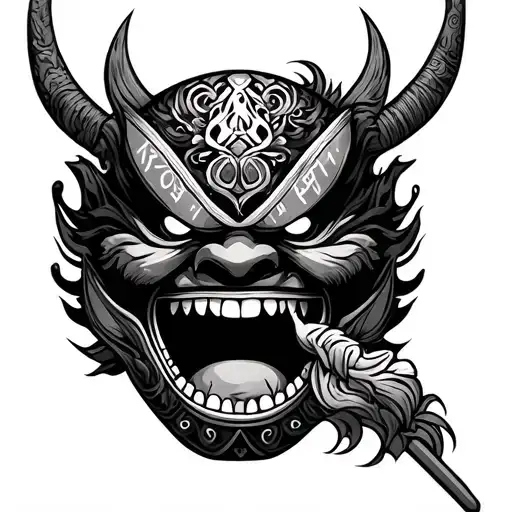 Ogni mask with bushido code out of the mouth tattoo design idea