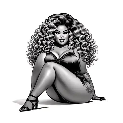 black chubby pin up girl sitting with big curly hair tattoo design idea