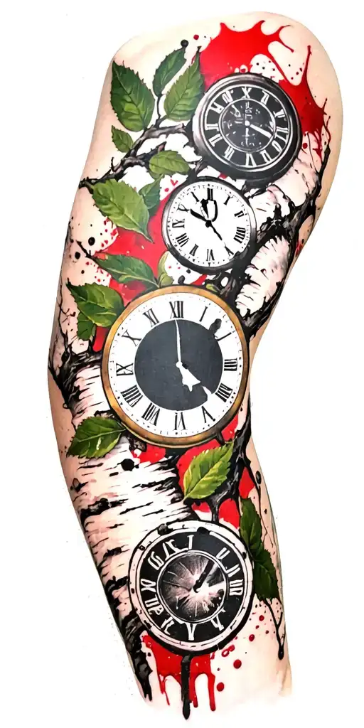 birch branches with hunter green leaves with only three clocks integrated into it for an arm sleeve with no red tattoo design idea