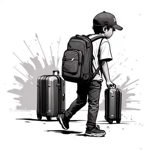 realism kid with a backpack and suitcase and cap that walk from behind  tattoo design idea