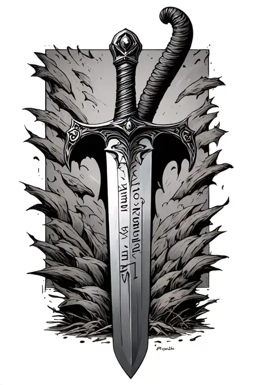 a midevil sword piercing the ground with the words "make no peice with evil" scribed on the blade tattoo design idea