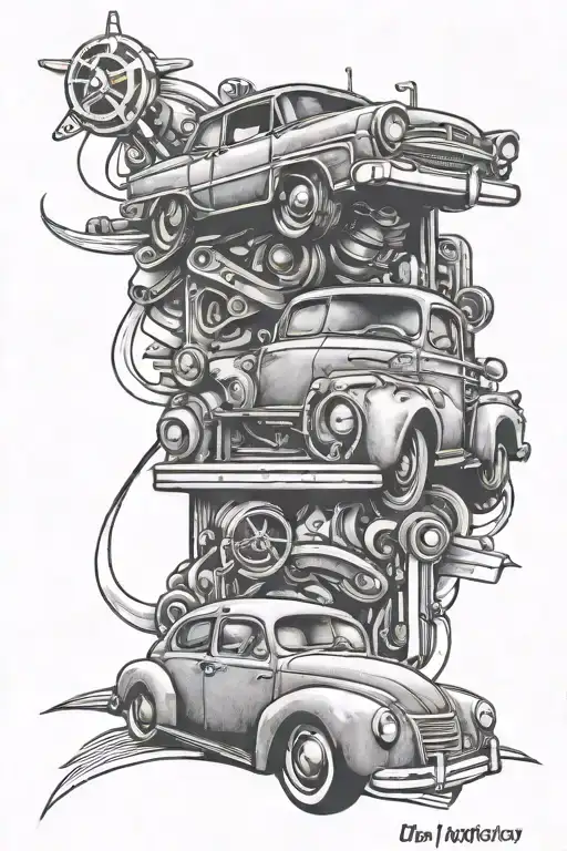cars, welding, music tattoo design idea
