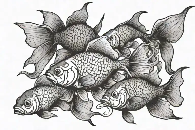 school of eight fancy goldfish swimming tattoo design idea