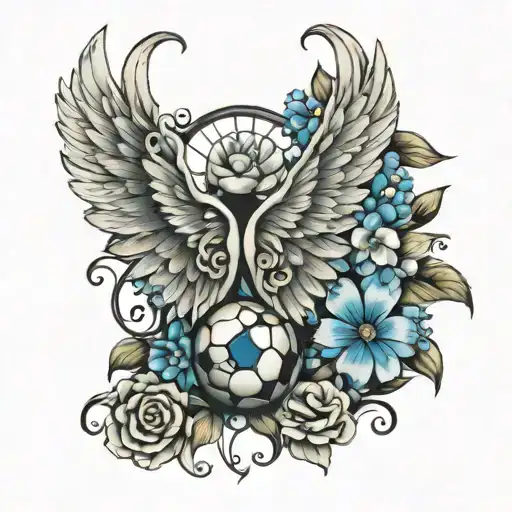 angel wings but one side has light blue flowers and small soccer ball and blue butterflies tattoo design idea