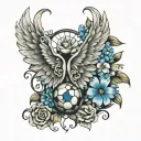 angel wings but one side has light blue flowers and small soccer ball and blue butterflies tattoo design idea