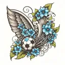 angel wings but one side has light blue flowers and small soccer ball and blue butterflies tattoo design idea