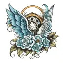 angel wings but one side has light blue flowers and small soccer ball and blue butterflies tattoo design idea