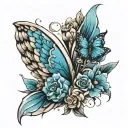 angel wings but one side has light blue flowers and small soccer ball and blue butterflies tattoo design idea