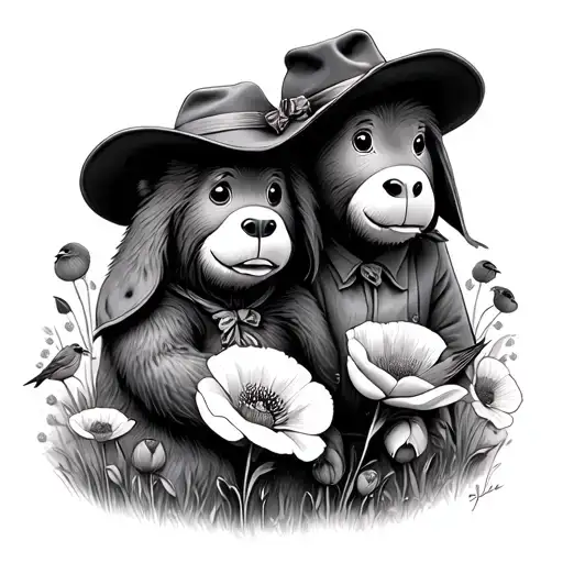 Paddington bear, Eeyore, with poppies and robins tattoo design idea