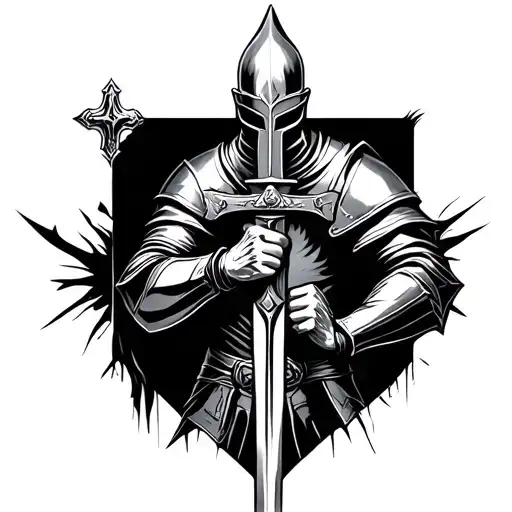 knights templar holding a sword from the chest pointing down. tattoo design idea