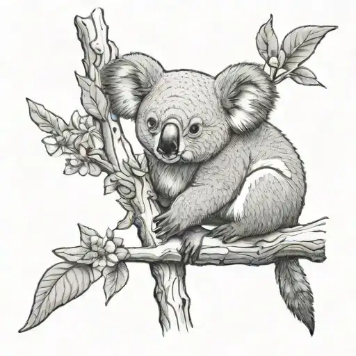 koala bear in tree with hummingbird perched next to it tattoo design idea