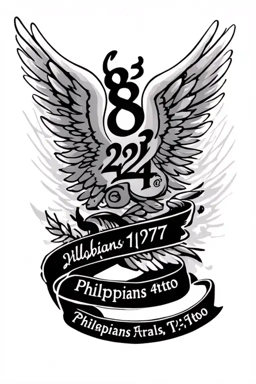 Philippians 4:13 written in cursive with the date 2/12/1977 and number 8 and 24 fused with  wings tattoo design idea