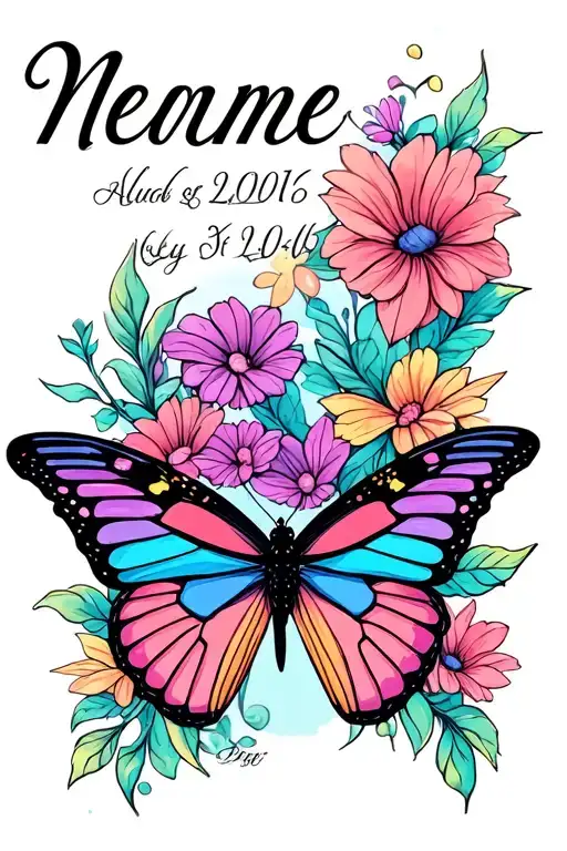 name written with date and butterfly tattoo design idea