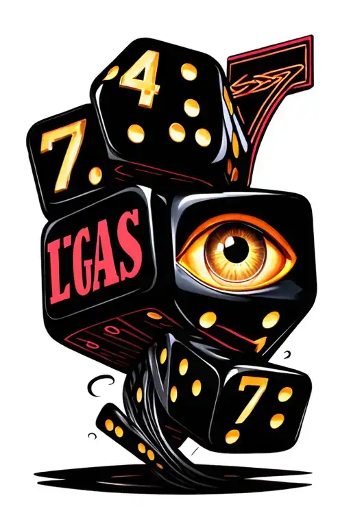 vegas themed with dice showing 4 and 6 with eyeball reflecting "777" with las vegas blvd street sign incorporated tattoo design idea