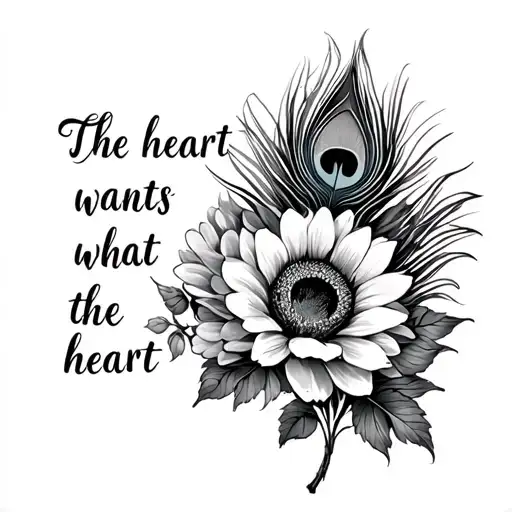 "The heart wants what the heart" peacock feather, peonies, climbing flower, sunflower  tattoo design idea