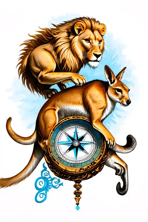 Zeus, blue eyed lion and a kangaroo jumping over a compass tattoo design idea