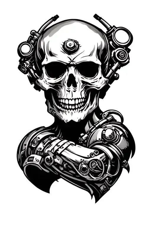 demonic skull with mechanical elements on bicep tattoo black and white tattoo design idea