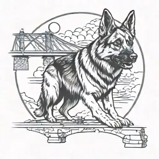 blueprint for a world war 2 bridge, german shepherd dog, moon tattoo design idea