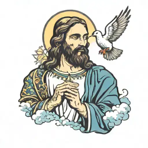 jesus praying with clouds and doves flying tattoo design idea