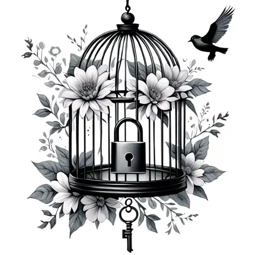 cage with flowers and a key and a padlock with a bird that fly away tattoo design idea
