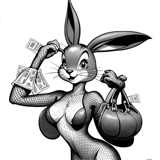 I want a tattoo of Lola Bunny in mesh with big breasts, and with a bag of tickets in the 2 hands tattoo design idea