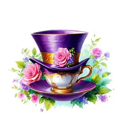 alice in wonderland mad hatter hat, tea cups tattoo design idea