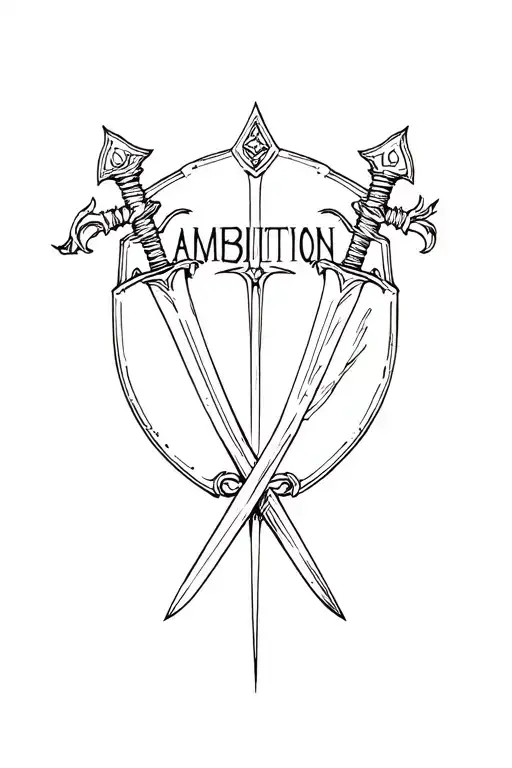 sword saying ambition and a spartan shield tattoo design idea