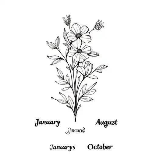 a fine line minimalist birth flower bouquet with the months january august and october all three included  tattoo design idea