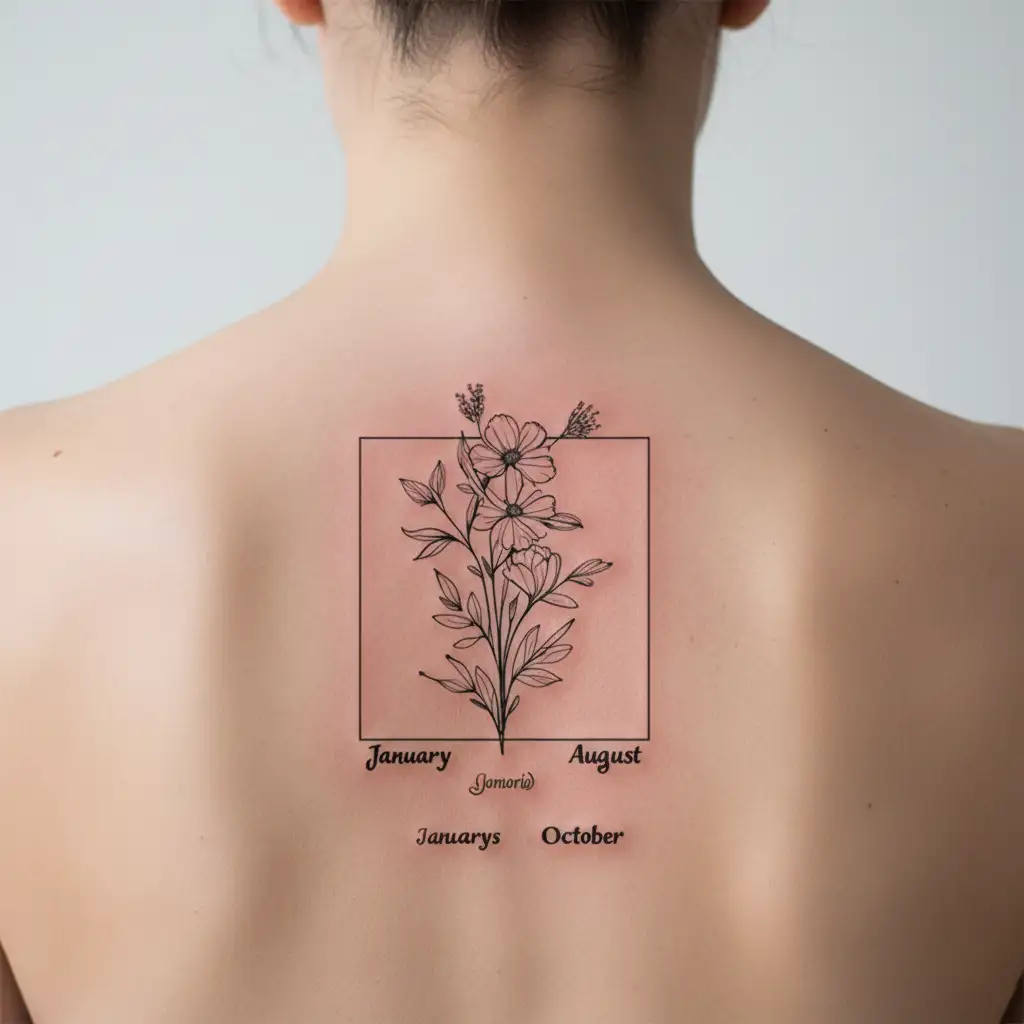 a fine line minimalist birth flower bouquet with the months january august and october all three included  tattoo design idea