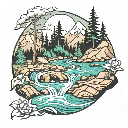"Linda Stahl" in a stream in the mountains inside tattoo design idea