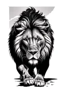 Full-body lion walking downwards placed tattoo design idea