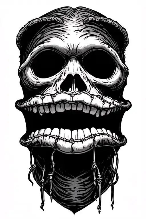 closed lip, stitched with strings, grim dark, lovecraft, mysterious, castle, prison, futility, aerie, horror,  haunt tattoo design idea