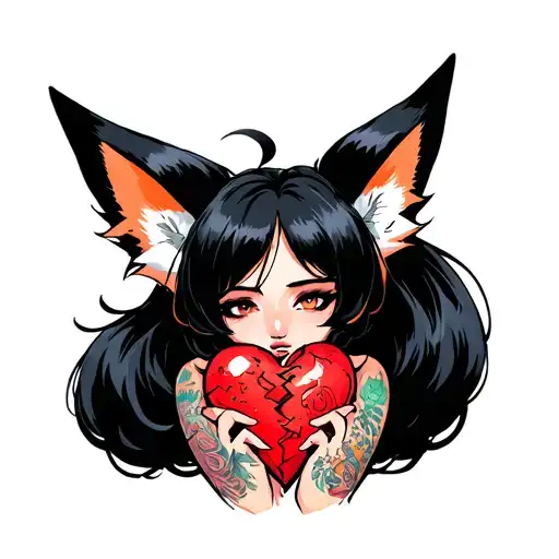 anime woman with black hair, tattoos, fox tail and fox ears stitching together a broken heart wrapped with fox tails tattoo design idea