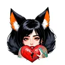 anime woman with black hair, tattoos, fox tail and fox ears stitching together a broken heart wrapped with fox tails tattoo design idea